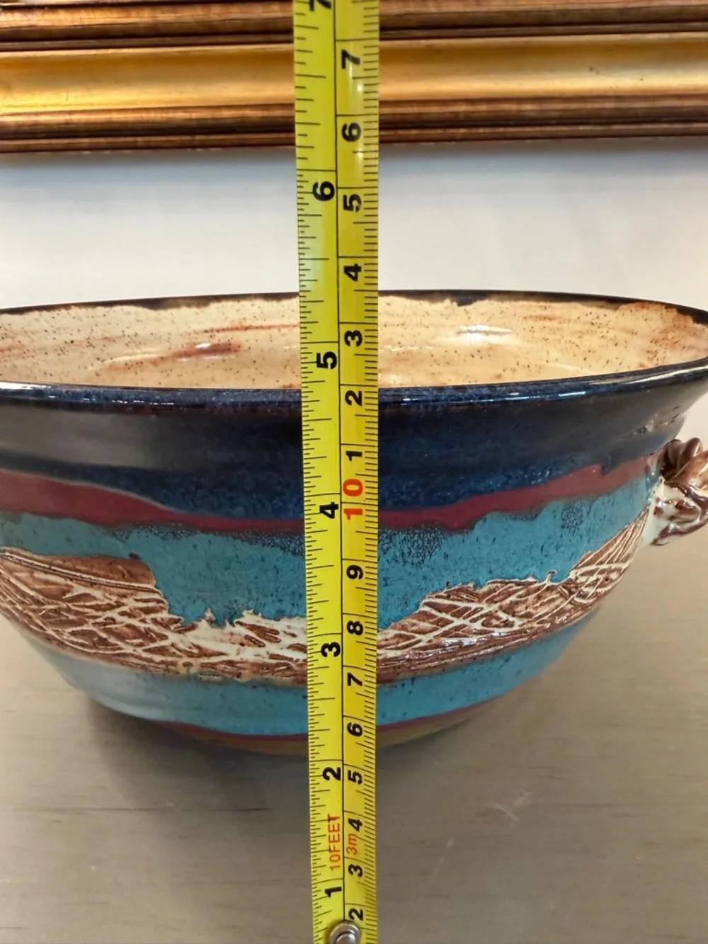 Artisan Studio Pottery Bowl Handles Blue Brown Tan Signed Muddy Hands 2007